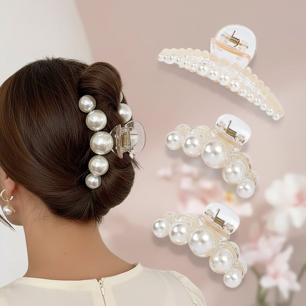 4 PCS Large Pearl Hair Claw Clips for Women Girls, Hair Barrette Clamps